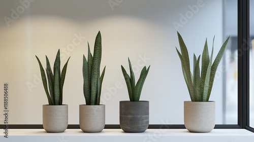 Four potted plants are lined up on a shelf, with one of them being a tall