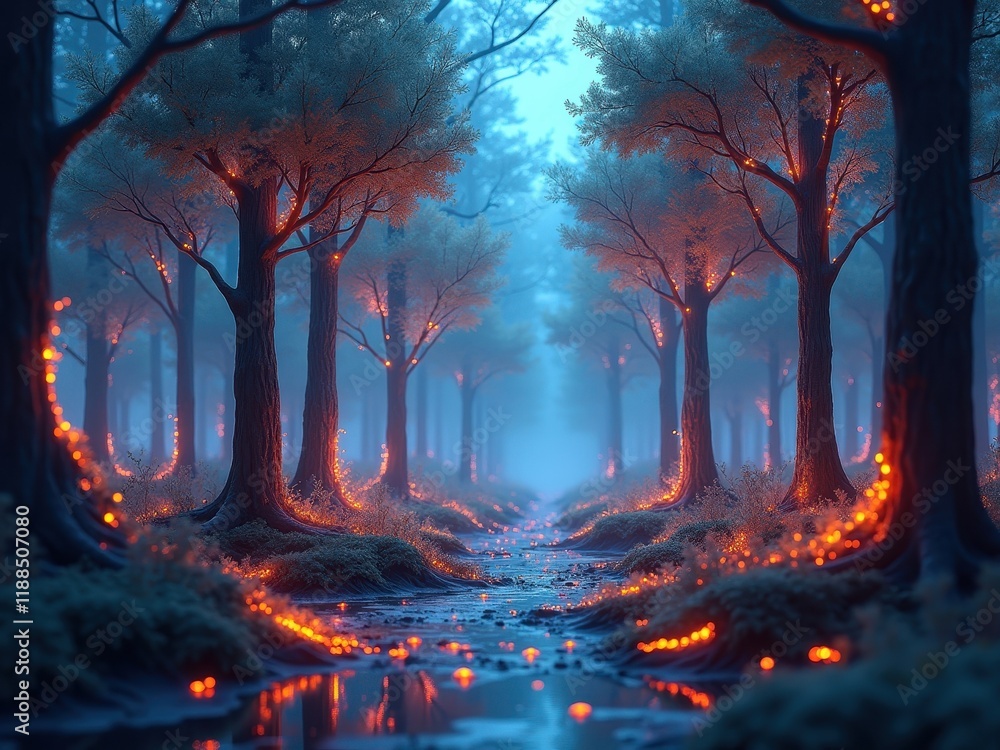 Mystical forest with glowing trees and a serene pathway at twilight, inviting exploration and reflection in a dreamlike atmosphere Mystical forest with glowing trees and a serene pathway at twilight, inviting exploration and reflection in a dreamlike atmosphere