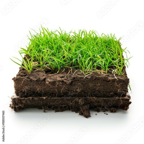 Cross section of grass growing from two layers of soil, showing roots, on a white background photo