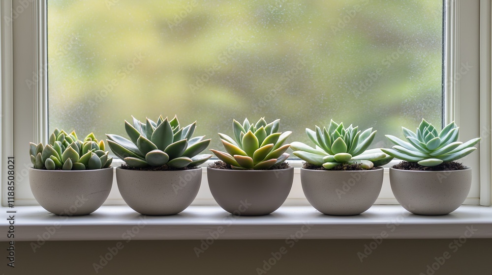 A row of potted plants sit on a windowsill A row of potted plants sit on a windowsill