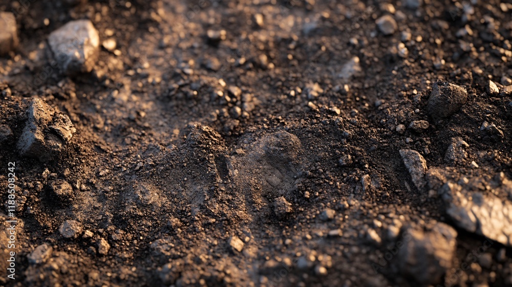 Close-up of textured soil with scattered stones under warm sunlight. Close-up of textured soil with scattered stones under warm sunlight.