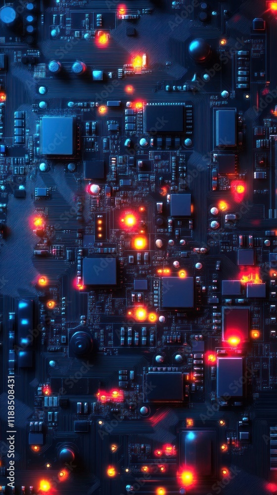 A captivating close up view of an intricate electronic circuit board its components illuminated in a mesmerizing array of vibrant neon hues A captivating close up view of an intricate electronic circuit board its components illuminated in a mesmerizing array of vibrant neon hues