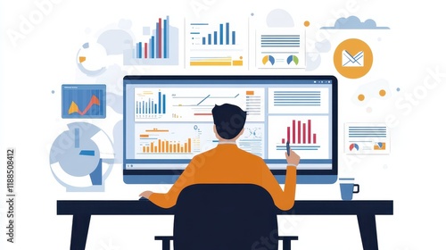 Digital marketing strategist analyzing web traffic data on a computer screen in a modern office illustrations