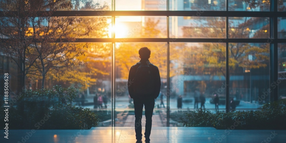 Fototapeta premium Silhouette of a person standing by a large window during sunset