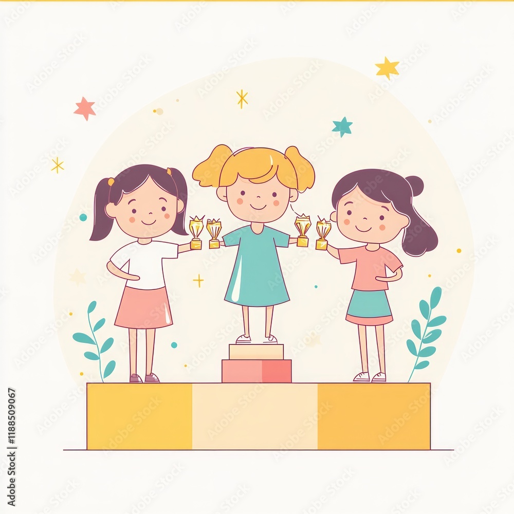 cute girls are on the awards podium receiving their prizes, representing first to fourth place. cute girls are on the awards podium receiving their prizes, representing first to fourth place.