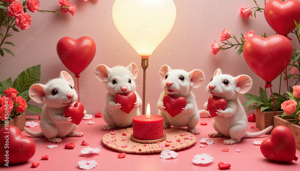 Four cute mice celebrating love with hearts and candles on a festive pink background Four cute mice celebrating love with hearts and candles on a festive pink background