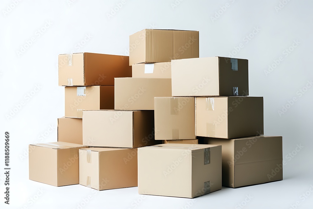 A stack of cardboard boxes neatly arranged on a white background. A stack of cardboard boxes neatly arranged on a white background.