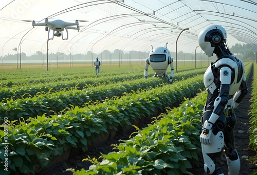 Robots and drones in a greenhouse farm, technology in agriculture