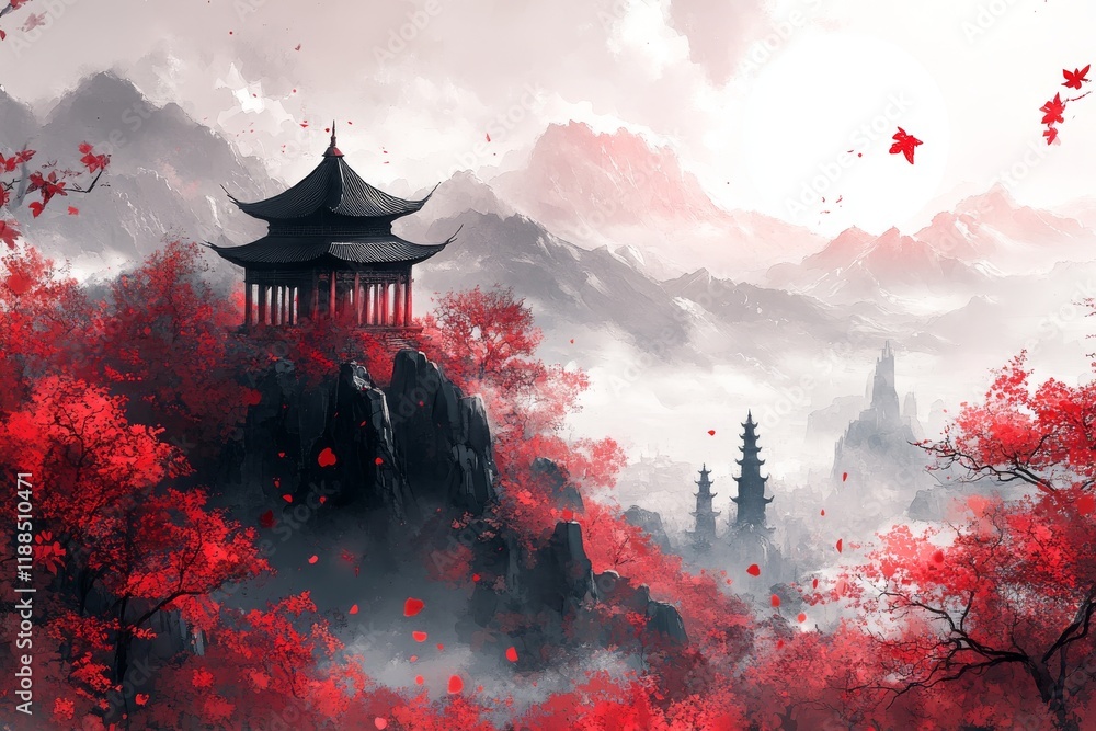 Obraz premium Mystical Chinese Pagoda Landscape with Vivid Red Foliage and Misty Mountains creating a serene atmosphere