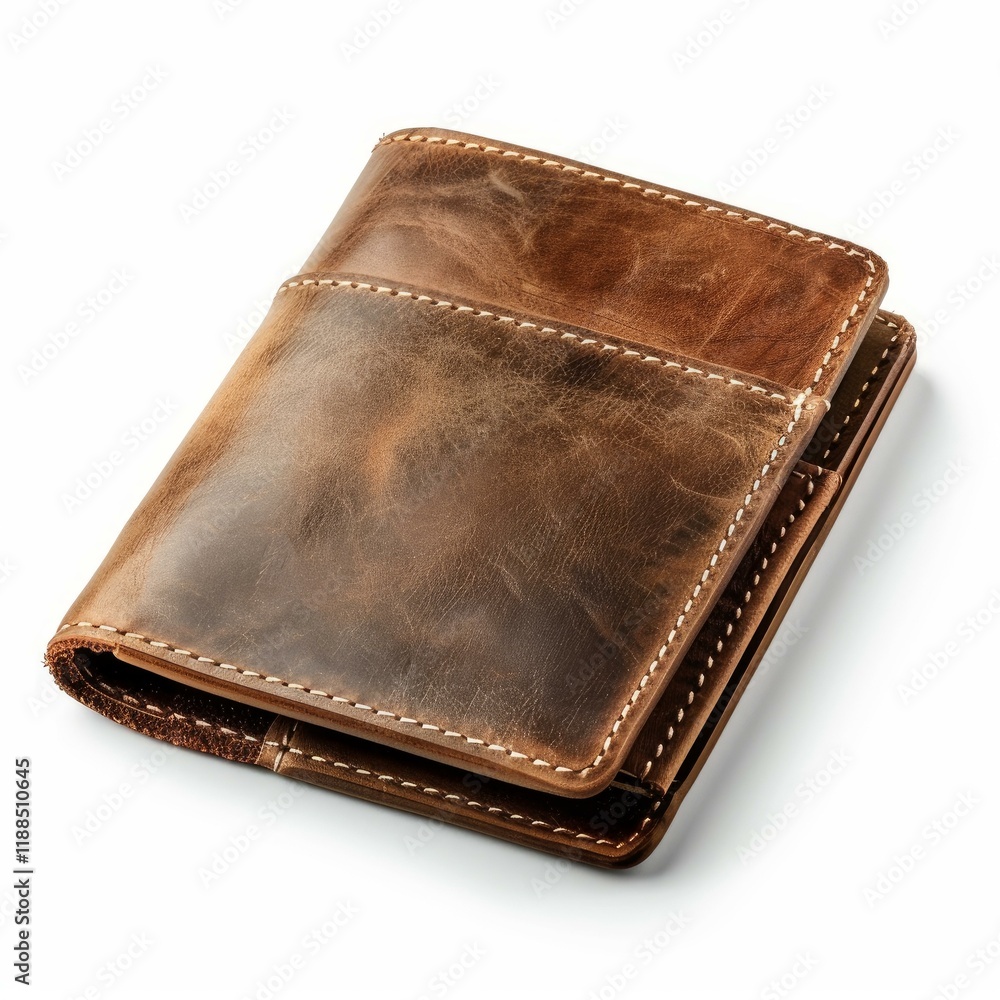 Closed brown leather wallet resting on a white background, showcasing its worn texture and craftsmanship Closed brown leather wallet resting on a white background, showcasing its worn texture and craftsmanship