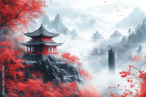 A serene vista of red foliage surrounds traditional Japanese architecture amidst a misty mountain range, evoking a sense of peaceful contemplation and ancient culture