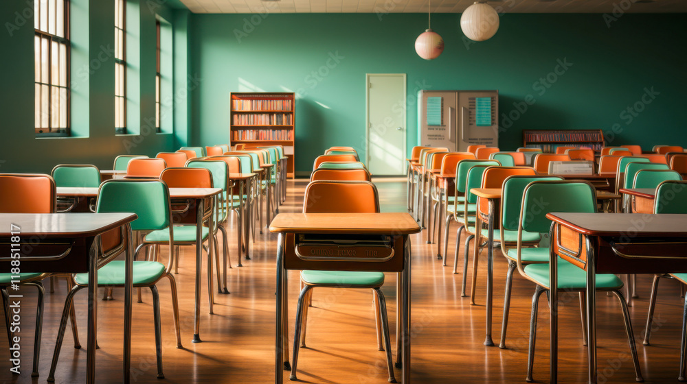 Classroom with colorful chairs and wooden desks in a bright, sunlit space during the day Classroom with colorful chairs and wooden desks in a bright, sunlit space during the day