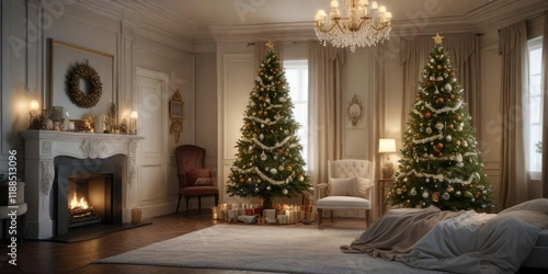 Wallpaper Mural A beautifully decorated Christmas tree in a luxurious bedroom with elegant ornaments and sparkling garlands, luxurious bedroom, cozy ambiance, opulent decor Torontodigital.ca