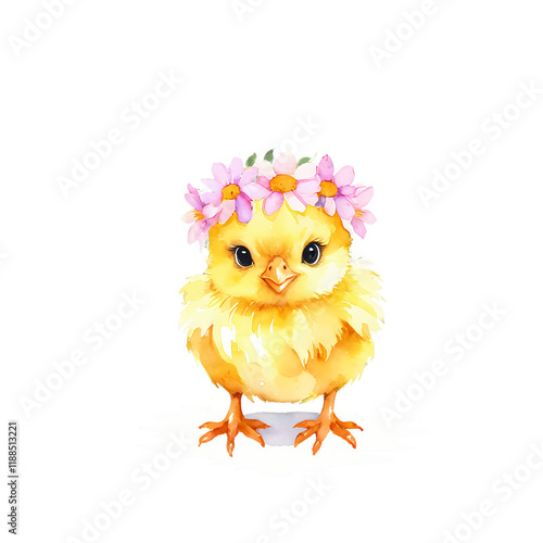 Cute Chick with Flower Crown: An adorable watercolor illustration of a fluffy yellow chick wearing a delicate crown of pink and white daisies.  Perfect for Easter, spring.