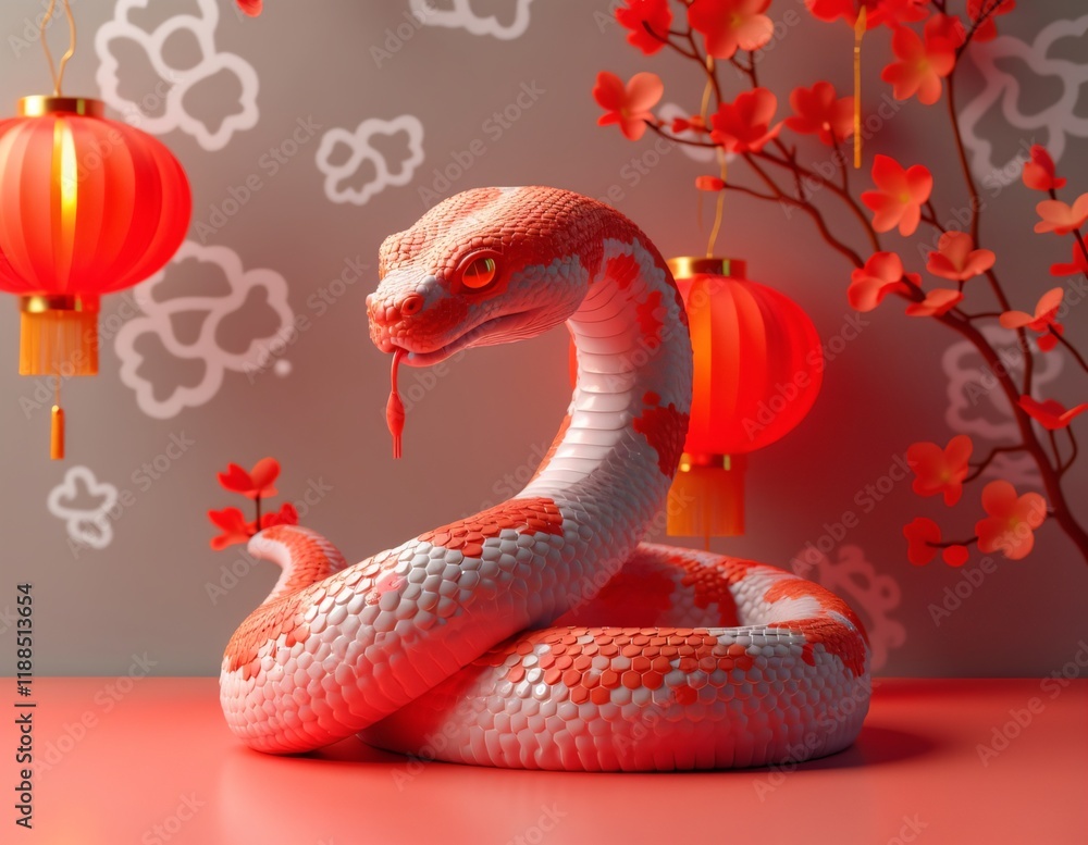 Fototapeta premium Elegant White and Red Snake with Lanterns and Cherry Blossoms for Lunar New Year