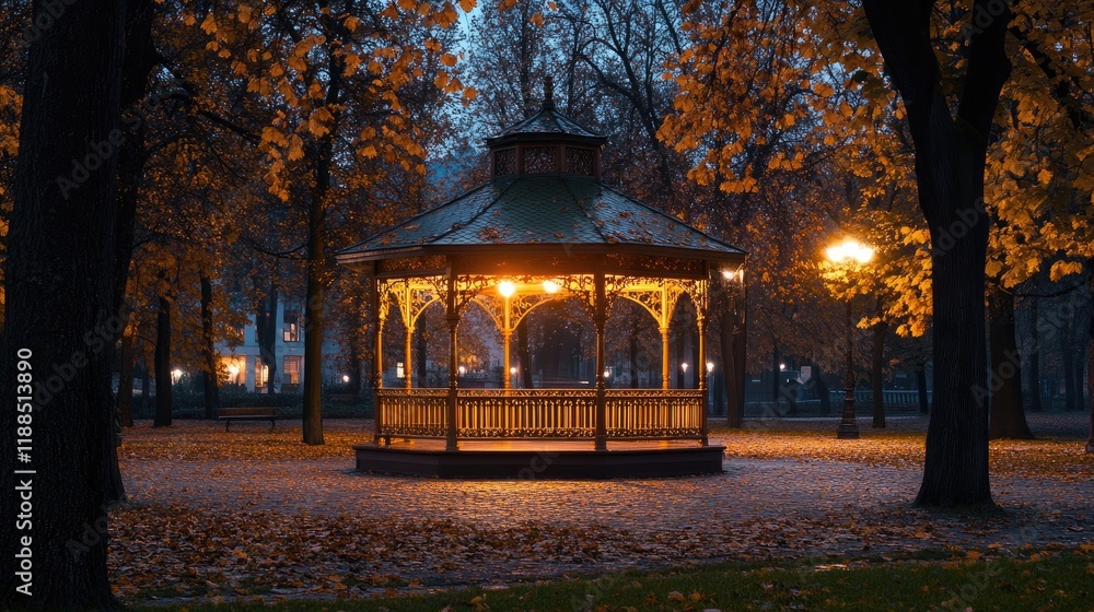Obraz premium Serene Wooden Gazebo Surrounded by Golden Autumn Leaves at Dusk