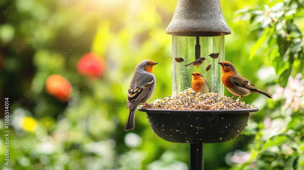 Obraz premium Colorful Birds Feeding at Bird Feeder in Lush Greenery Garden