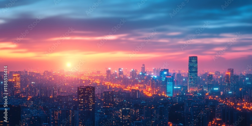 Obraz premium City skyline at sunset with glowing orange hues