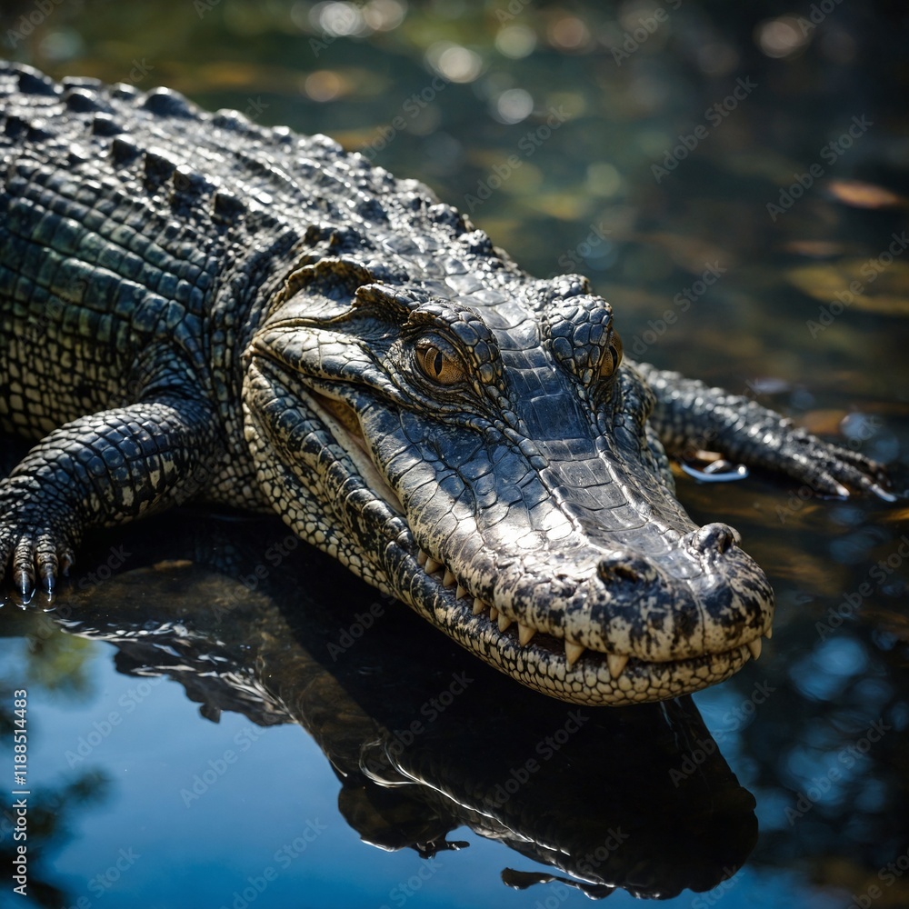 Fototapeta premium An alligator with opalescent scales walking through a liquid mirror maze of shifting reflections.