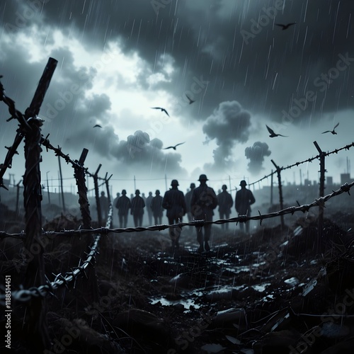 Soldiers walking in rain behind barbed wire fence, war and conflict photo