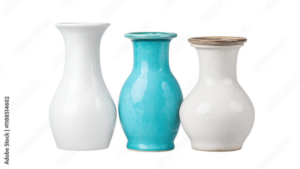 Three elegant ceramic vases in contrasting colorson a transparent background Three elegant ceramic vases in contrasting colorson a transparent background