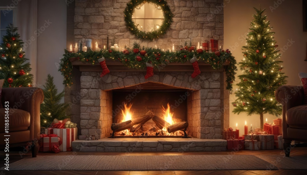 A crackling fireplace with a Christmas tree in the background, christmas tree, warm glow A crackling fireplace with a Christmas tree in the background, christmas tree, warm glow