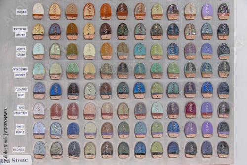 Close-up full frame of a wall chart showing different types of pottery glazing