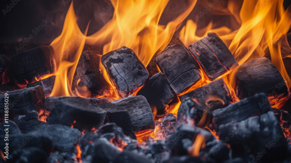Flames dance over glowing charcoal in a barbecue pit during a summer gathering at a backyard cookout and grill party in the late afternoon Flames dance over glowing charcoal in a barbecue pit during a summer gathering at a backyard cookout and grill party in the late afternoon