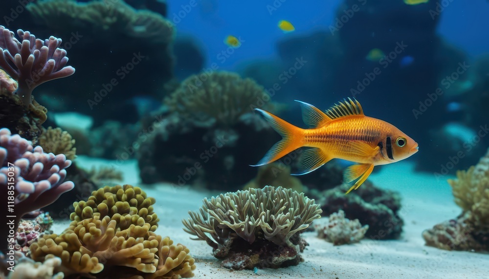 An elegant cardinalfish with golden scales explores a lively coral reef. Perfectly illuminated to highlight its intricate details in the clear, tranquil waters. An elegant cardinalfish with golden scales explores a lively coral reef. Perfectly illuminated to highlight its intricate details in the clear, tranquil waters.