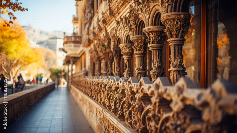 Fototapeta premium Intricate architectural details of a historic building along a tree-lined walkway during autumn