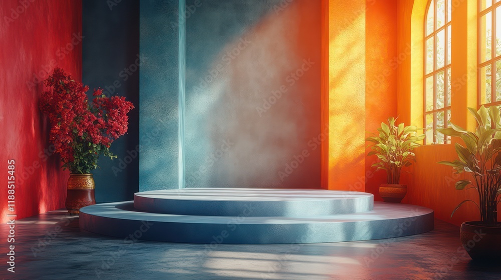 Naklejka premium Vibrant Studio Display: Circular Platform with Red Flowers and Sunlit Orange Wall