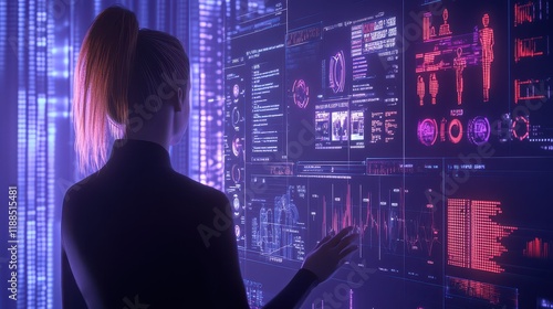 Wallpaper Mural A 3D rendered businesswoman interacting with a futuristic customer service dashboard, with 3D customer feedback and live data streaming on the screen illustrations Torontodigital.ca