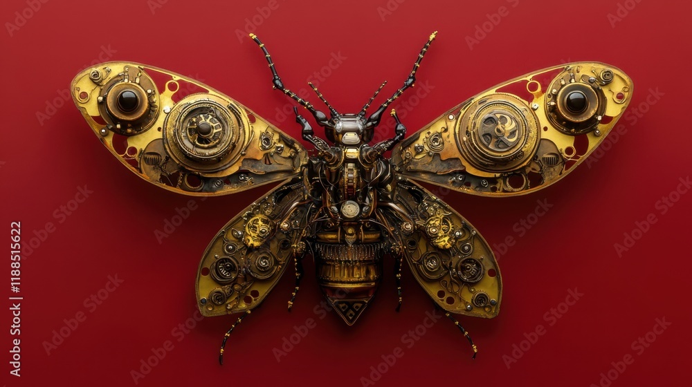 Steampunk-Inspired Mechanical Insect Design on Red Background Steampunk-Inspired Mechanical Insect Design on Red Background