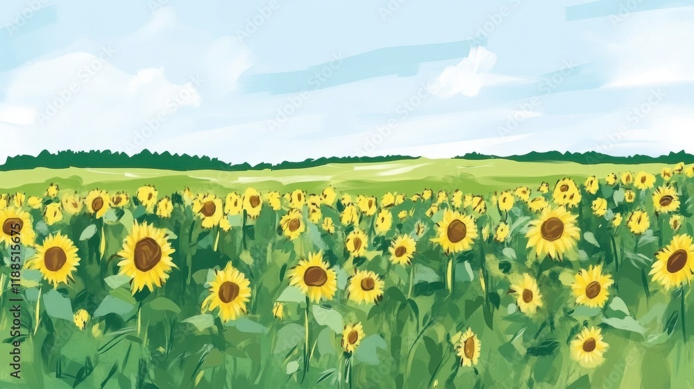 Fototapeta premium A Vibrant Summertime Sunflower Field: A Colorful Landscape Painting of a Sunny Meadow Filled with Yellow Blooms
