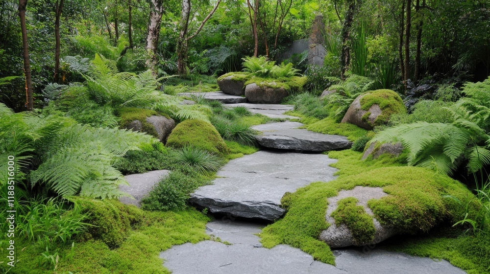 Serene Green Garden Path with Stones and Lush Ferns in Nature Serene Green Garden Path with Stones and Lush Ferns in Nature