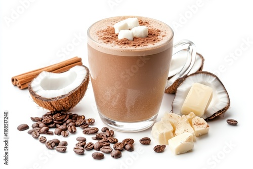 Keto beverage coffee and cacao mixed with coconut oil on a white background