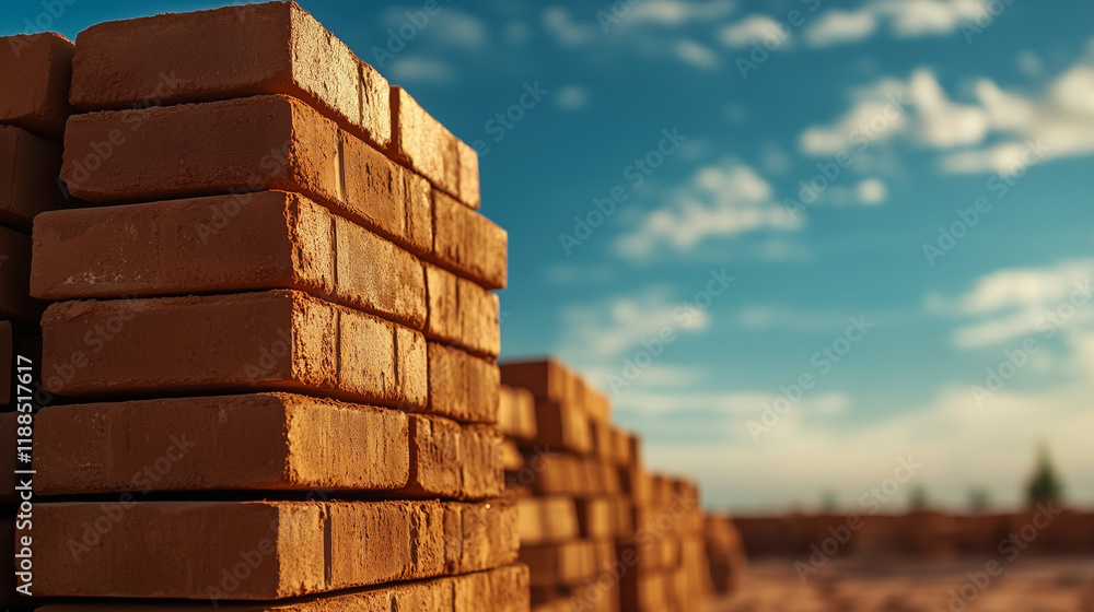 A stack of red clay bricks standing tall on a clear construction site, their distinct rectangular shapes highlighted by the warm glow of midday sun. A stack of red clay bricks standing tall on a clear construction site, their distinct rectangular shapes highlighted by the warm glow of midday sun.