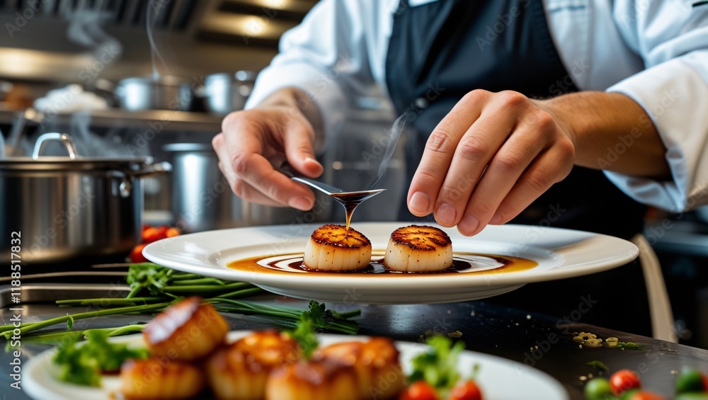 Chef Plating Seared Scallops in Professional Kitchen, Artistry and Freshness Chef Plating Seared Scallops in Professional Kitchen, Artistry and Freshness