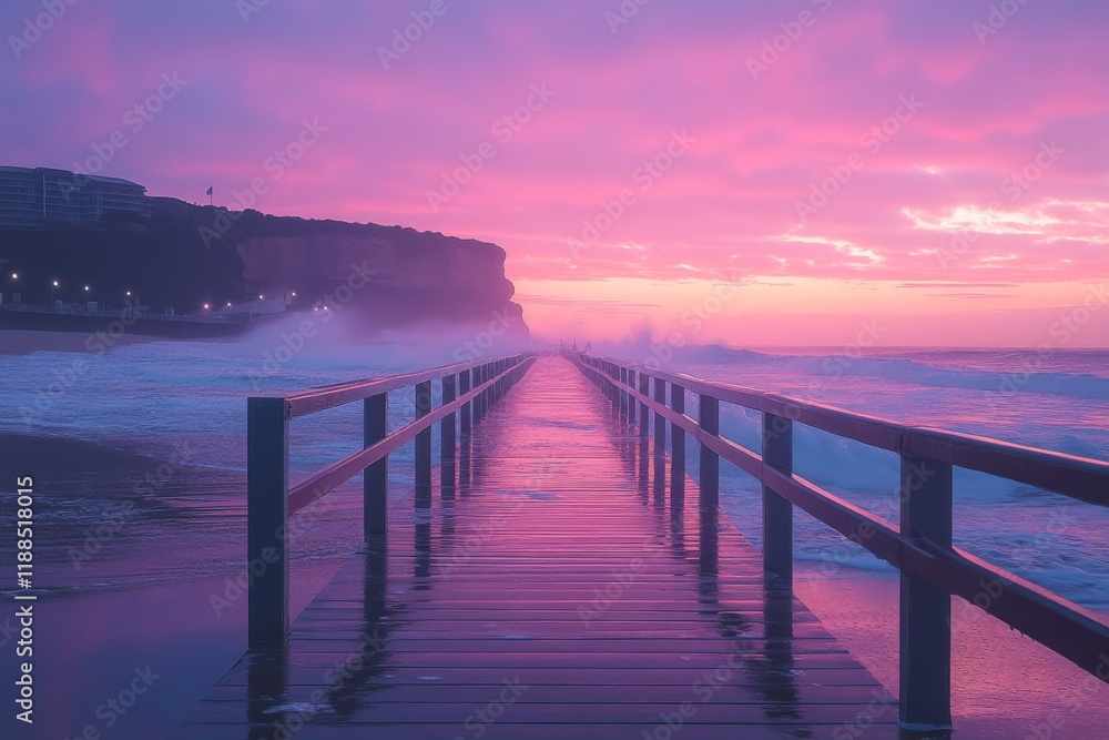 Obraz premium Wooden dock stretching into a pink and purple sky at sunrise