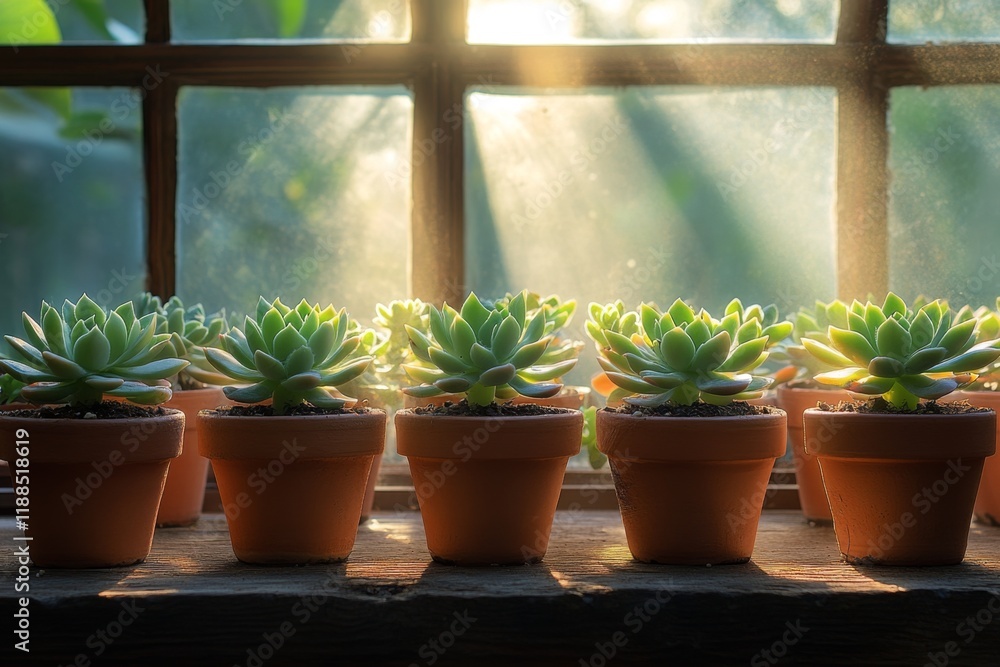 Row of potted succulents in sunlight on a wooden windowsill Row of potted succulents in sunlight on a wooden windowsill