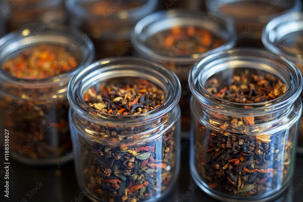 Colorful spice jars filled with vibrant herbs and spices on a wooden countertop in a cozy kitchen setting Colorful spice jars filled with vibrant herbs and spices on a wooden countertop in a cozy kitchen setting