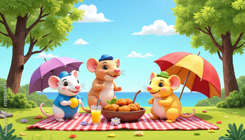 Naklejka premium Three cheerful mice enjoying a picnic with delicious food under colorful umbrellas