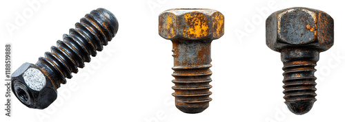 bolt set png. bolt png. old rusty bolt isolated. metal screw top view png. old antique bolt screw for construction and industry flat lay isolated photo