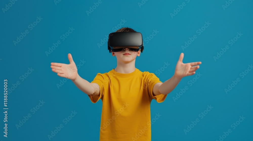 Naklejka premium Schoolboy engages in educational virtual reality experience home setting digital interaction bright environment immersive learning