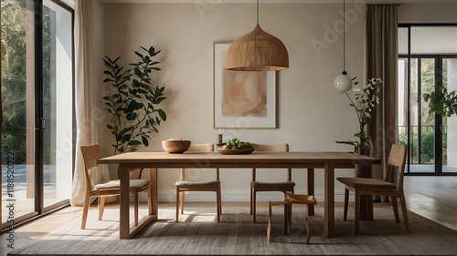 Serene minimalist dining room with natural light and earthy tones