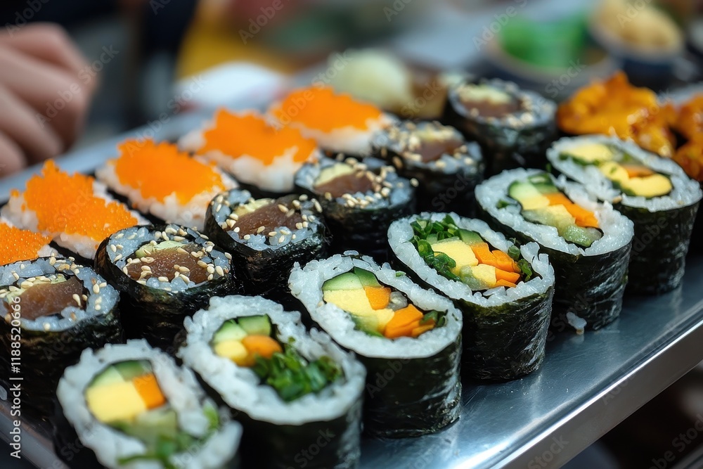 Kimbap preparation a beloved Korean cooking art Expertly rolled rice veggies and seaweed create tasty healthy morsels for a genuine meal Kimbap preparation a beloved Korean cooking art Expertly rolled rice veggies and seaweed create tasty healthy morsels for a genuine meal
