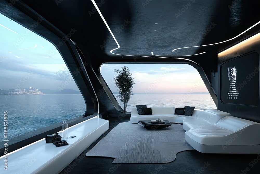 Naklejka premium Futuristic Yacht Lounge Offers Stunning Ocean Views