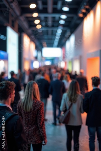 Dense crowd of blurred figures in a modern expo hall , company, investment, conference