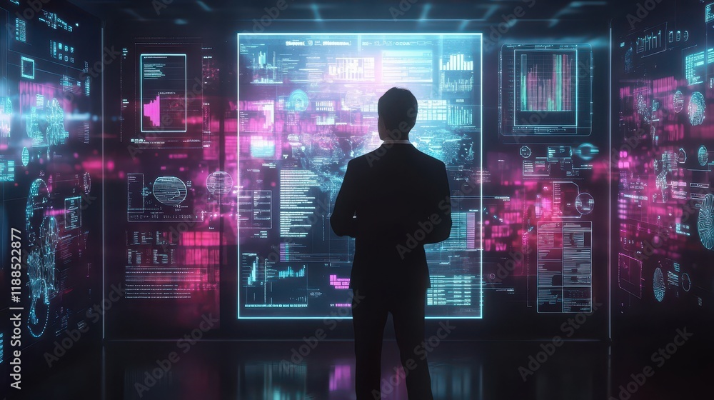 3D render of a businessman working on a digital marketing strategy, with 3D visualizations of marketing performance and customer feedback data displayed on interactive screens illustrations 3D render of a businessman working on a digital marketing strategy, with 3D visualizations of marketing performance and customer feedback data displayed on interactive screens illustrations