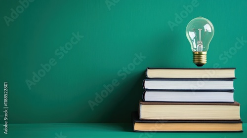 Educational insight glowing lightbulb over textbooks modern classroom learning environment inspirational concept photo